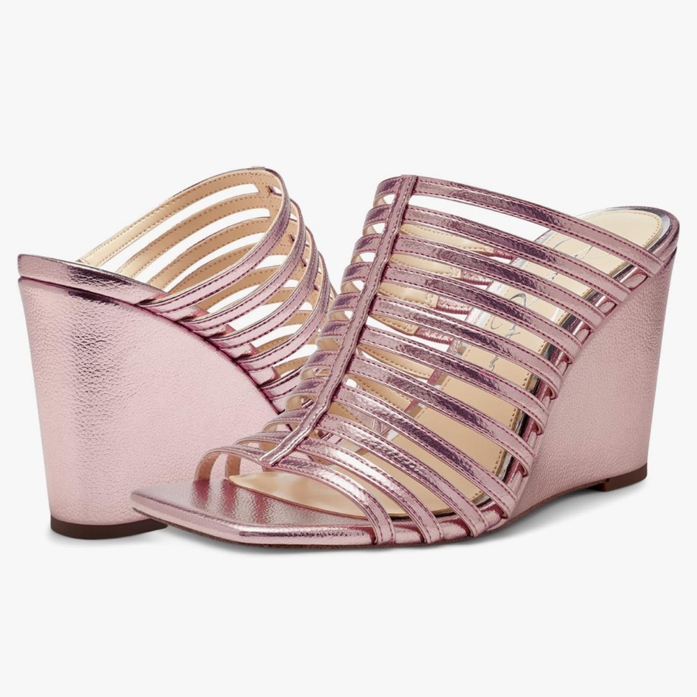 Arriya Women's Metallic Faux Leather Caged Wedge Sandals